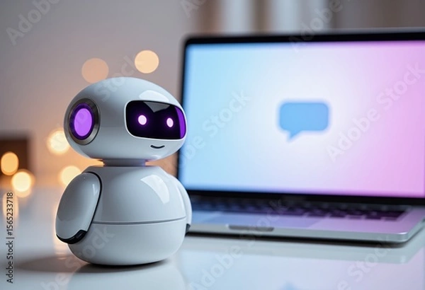 Obraz Small friendly robot with glowing purple eyes next to a laptop displaying a chat bubble
