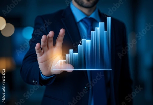 Obraz Businessman touching a glowing blue digital bar graph showing upward trend
