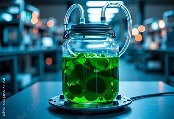 Obraz Large glass jar containing green liquid and floating organic matter connected by tubes