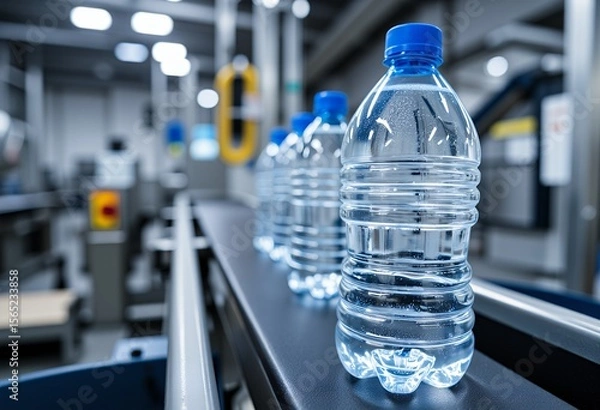 Obraz Clear plastic water bottles with blue caps on a production line in a factory