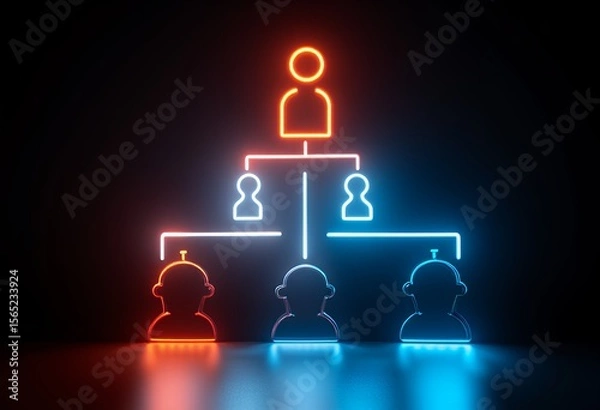 Obraz Neon lights form a hierarchical organizational structure with glowing human figures on a dark background