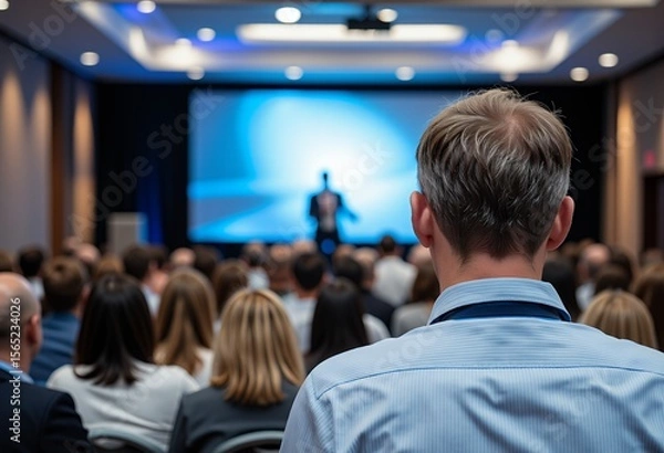 Obraz Diverse audience watches speaker presentation in modern conference hall with blue lighting