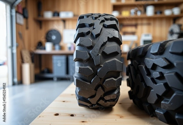 Obraz Heavy duty off road tires with deep tread patterns displayed on a wooden surface inside a garage