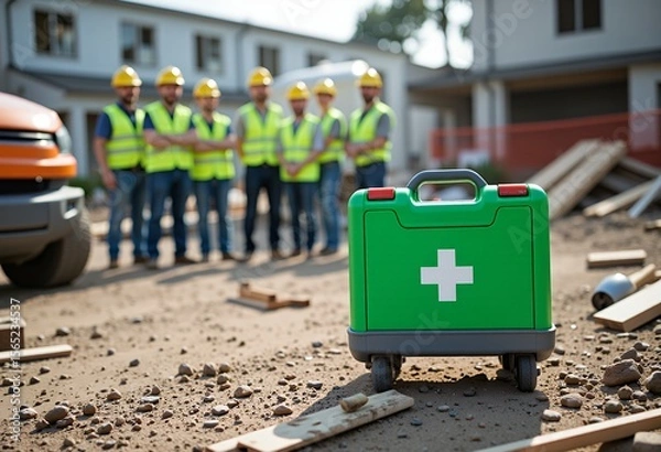 Obraz A green first aid kit with a white cross sits prominently on a construction site with workers in the background