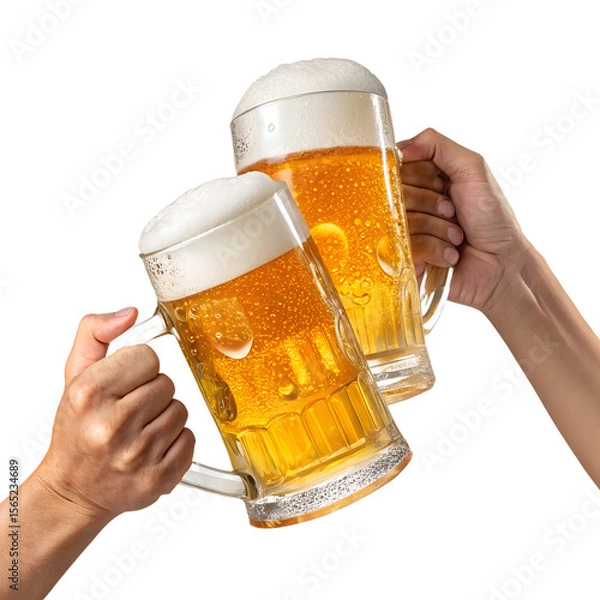 Fototapeta Two hands clinking large beer mugs filled with golden beer and frothy foam. The background is black, emphasizing the drinks.