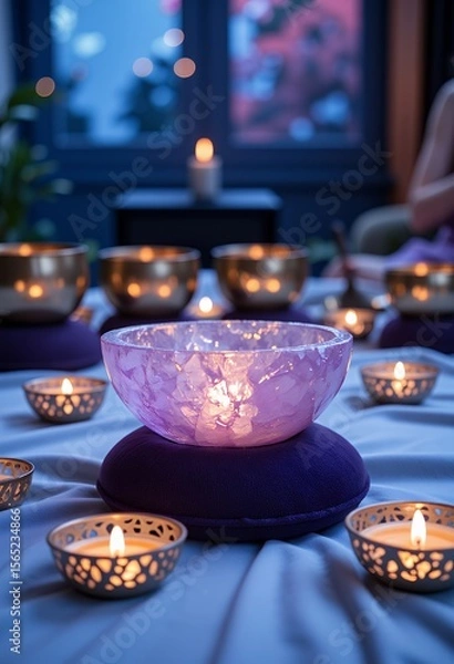 Obraz Seven glowing Tibetan singing bowls and a purple crystal bowl with lit candles create a serene atmosphere