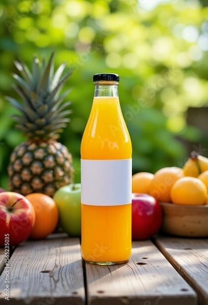 Obraz A glass bottle of orange juice sits on a wooden table with various fresh fruits