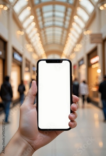 Obraz Hand holding a modern smartphone with a blank screen in a shopping mall