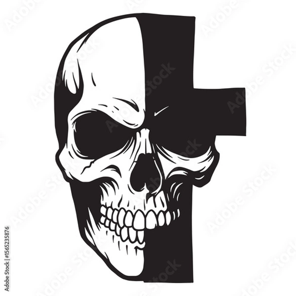 Fototapeta Artistic monochrome illustration of a skull with a cross overlay on a white background