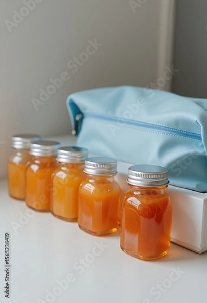 Obraz Five glass bottles filled with orange liquid sit in a row next to a light blue cosmetic bag