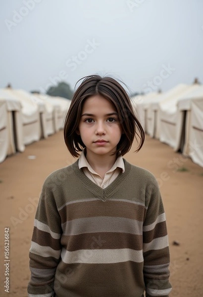 Obraz A young child stands looking forward in a row of tents under an overcast sky