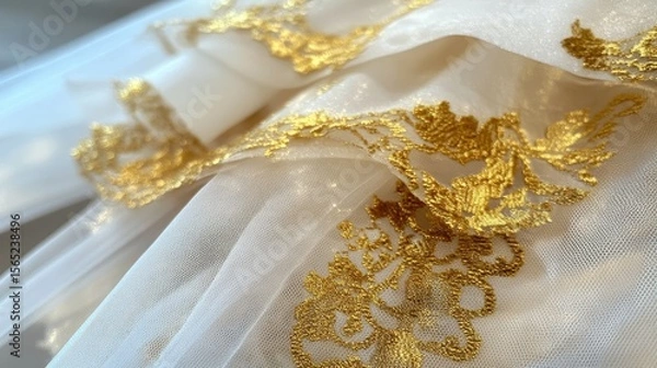 Obraz Delicate white fabric with gold embroidery.