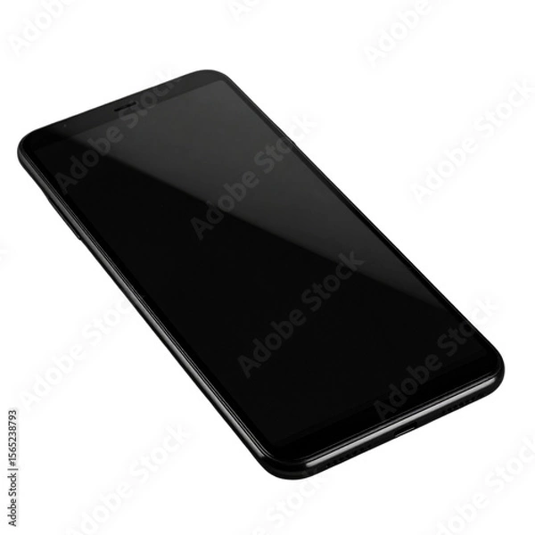 Fototapeta  Angled View of Modern Black Mobile Phone Lying Flat, Isolated on Transparent Background PNG