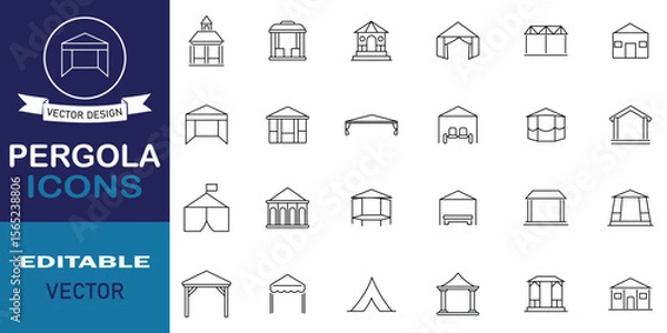 Fototapeta Pergola icon set. Set of pergola design icon for outdoor living spaces. Set of 24 outline icon related to pergola. Editable stroke. Vector illustration.