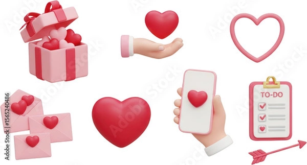 Obraz Collection of pink and red hearts gift box envelopes phone clipboard and arrow isolate