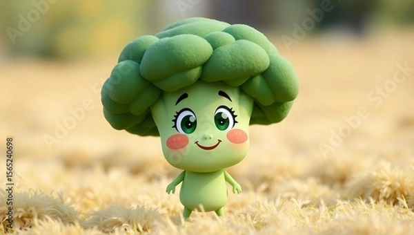 Fototapeta Illustration of cute broccoli with smiling face and sparkling eyes, standing in the middle of a meadow.