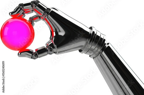 Obraz Robotic hand gripping a glowing pink sphere metallic construction technology concept transparent background