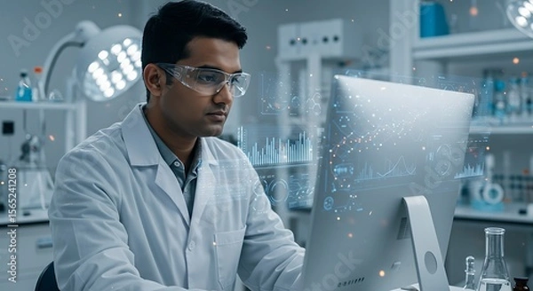 Fototapeta Scientist Using Advanced Holographic Technology in Modern Research Laboratory