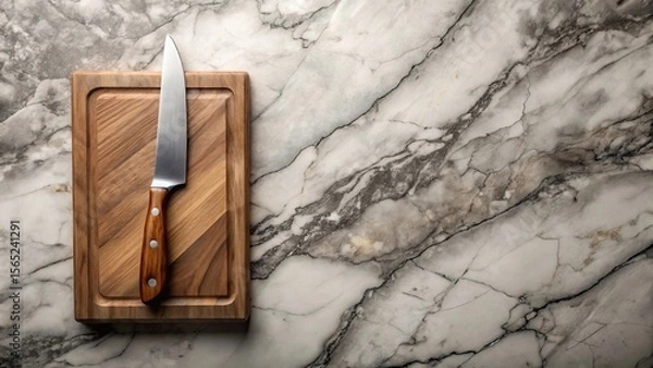 Fototapeta A sharp kitchen knife rests on a wooden cutting board, positioned on a marbled surface, creating a clean and minimalist culinary scene.