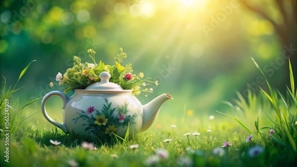 Fototapeta A teapot brimming with wildflowers rests serenely in a sun-drenched meadow, a picturesque scene of springtime tranquility.