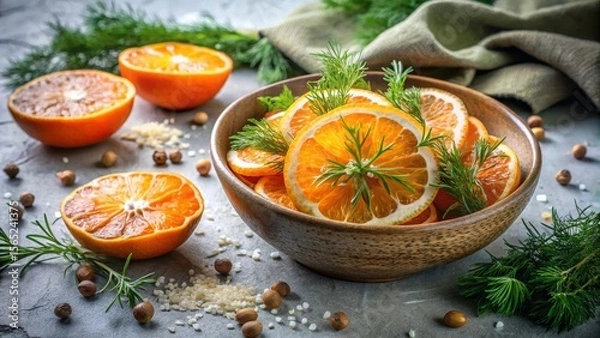 Fototapeta Aromatic citrus fruit slices arranged artfully in a rustic wooden bowl, garnished with fresh herbs and scattered spices