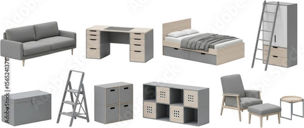 Obraz Collection of modern furniture pieces including a sofa desk bed wardrobe armchair with ottoman and storage units isolate