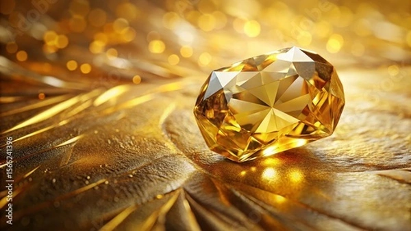 Fototapeta A Gleaming Golden Gemstone Rests Upon a Luxurious Textured Surface, Illuminated by Soft Ambient Lighting