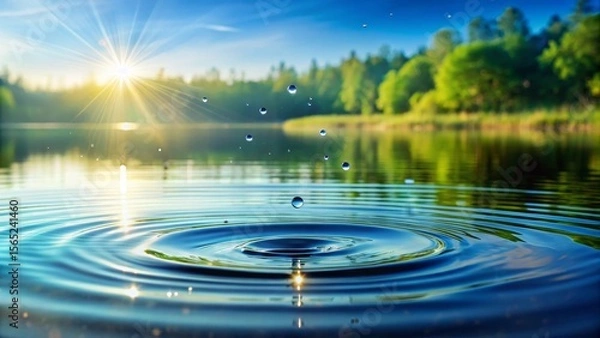 Fototapeta Serene Sunset Reflection Water Drops Creating Concentric Circles on a Calm Lake Surface