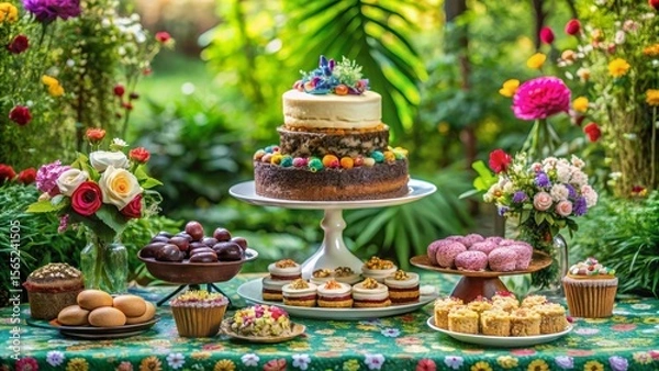 Fototapeta A delightful array of sweet treats displayed on a vibrant tablecloth, surrounded by lush floral arrangements in a tranquil garden setting.