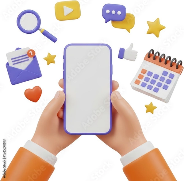 Obraz Hands holding a smartphone displaying various digital icons including a calendar and notification envelope isolated transparent background