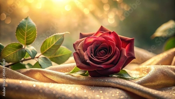 Fototapeta A single dark crimson rose rests gently on shimmering gold fabric, bathed in the warm glow of sunlight