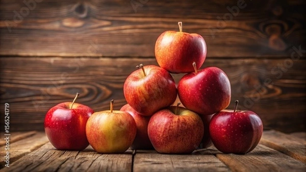 Fototapeta A pyramid of ripe, red apples rests on a rustic wooden surface