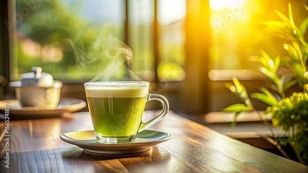 Fototapeta Warm, Steaming Matcha Latte on Wooden Table in Sunny Room