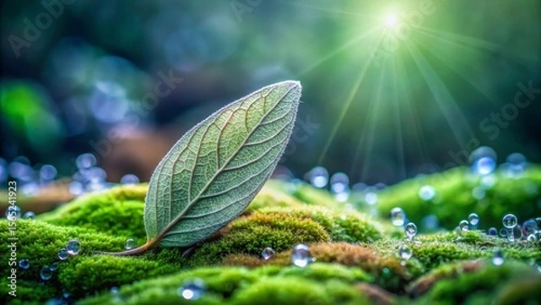 Fototapeta A single dew-kissed leaf rests gently on a bed of vibrant green moss, bathed in the soft glow of sunlight, a serene scene of natural beauty and tranquility.