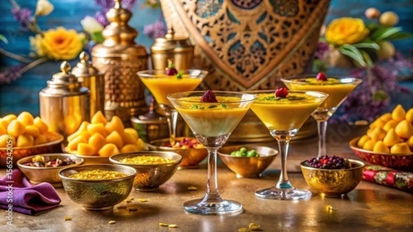 Fototapeta Golden Dessert Delight Exotic Spiced Mango Mousse in Elegant Glassware with Assorted Sweets and Spices