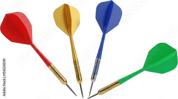 Obraz Four colorful darts red gold blue and green arranged for gameplay sport transparent background