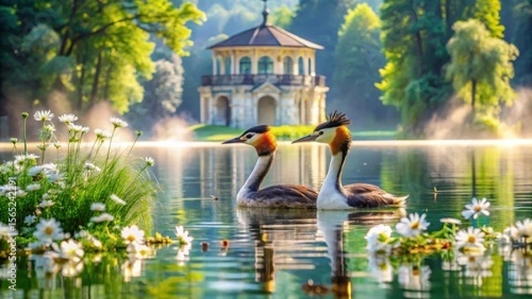 Fototapeta Serene dawn on a calm lake, two majestic birds peacefully swimming amidst a vibrant floral display near a tranquil gazebo reflecting in the still water