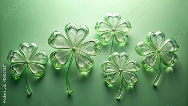 Fototapeta Five iridescent four-leaf clovers arranged on a verdant background.  A springtime celebration of luck and good fortune.