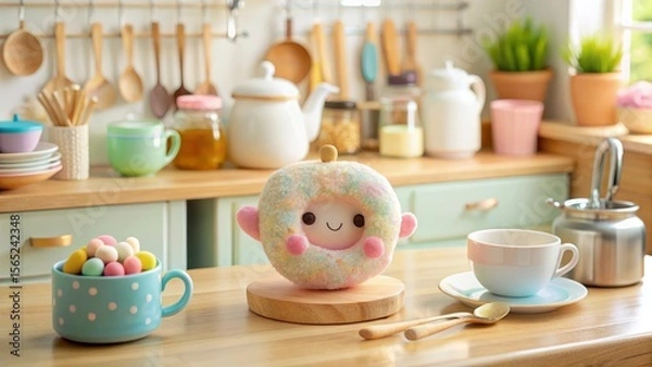 Fototapeta Pastel-colored confectionery character sitting on a kitchen counter near a teacup and pastel-colored sweets in a mug