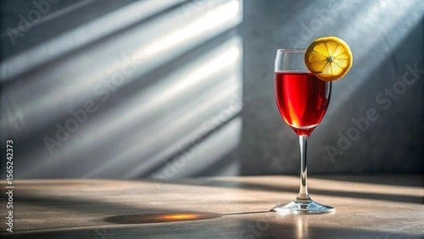 Fototapeta A Refreshing Red Beverage in a Crystal Glass with a Citrus Garnish, Bathed in Sunlight on a Wooden Surface