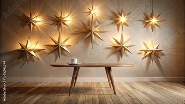 Fototapeta Illuminated Golden Stars Adorn a Room with Wooden Floor and Table Featuring a Single Cup