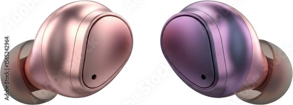 Obraz Two modern wireless earbuds in rose gold and purple hues close up view transparent background