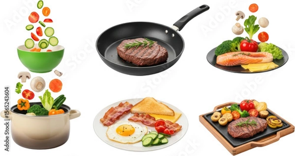 Obraz Steak cooking and meals fresh salmon with cheese and breakfast with egg bacon toast and vegetables transparent background