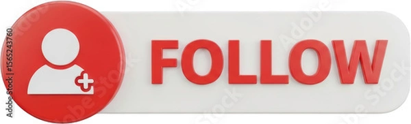 Obraz 3D red 'Follow' button with user icon and plus symbol isolate social media