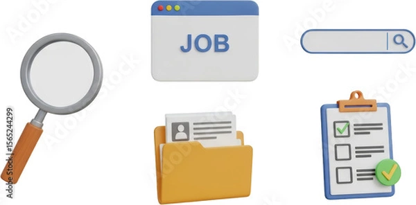 Obraz Magnifying Glass Job Search Bar Folder With Resume And Checklist Transparent Background Isolate