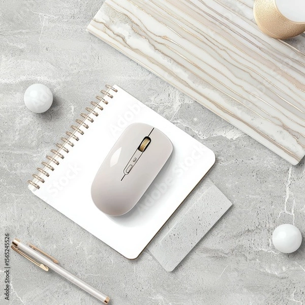 Fototapeta Flat Lay of Light Grey Workspace Items with Mouse, Notebook, and Decorative Elements