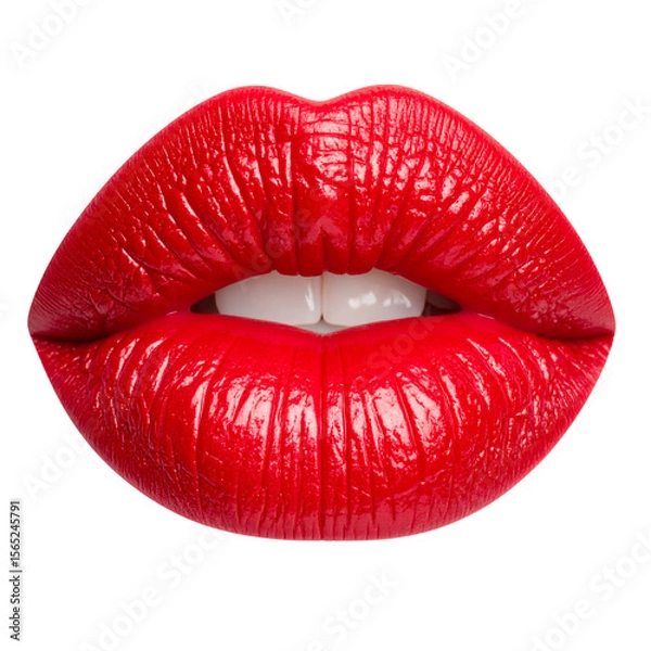 Fototapeta  Realistic Red Lipstick Kiss Print with Glossy Texture, isolated on a white background PNG