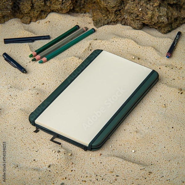 Fototapeta Flat Lay of Blank Notebook on Soft Tan Surface with Colorful Pencils Surrounding It
