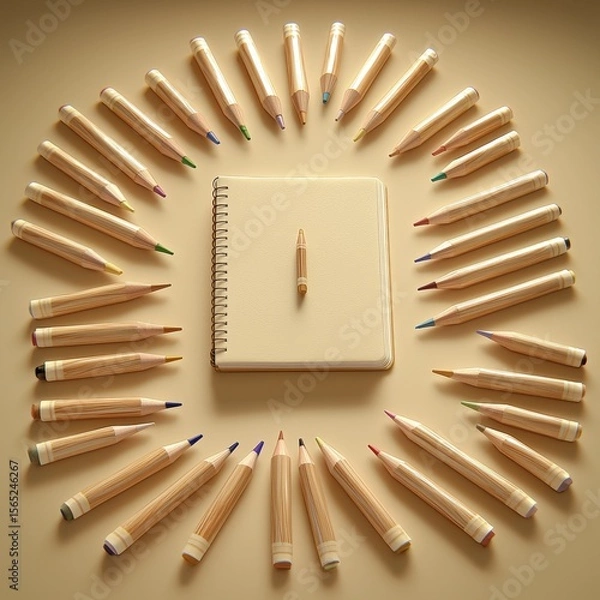 Fototapeta Flat Lay of Colored Pencils Surrounding a Blank Notebook on a Soft Tan Surface