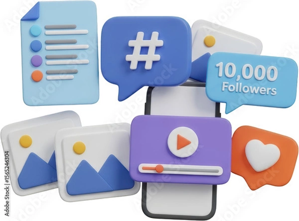 Obraz Social media icons including like video player list hashtag and followers count with isolate